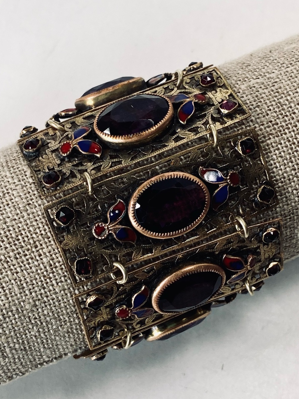 Victorian Etched Brass 8 Panel Enamel Filigree Purple Glass Wide Bracelet